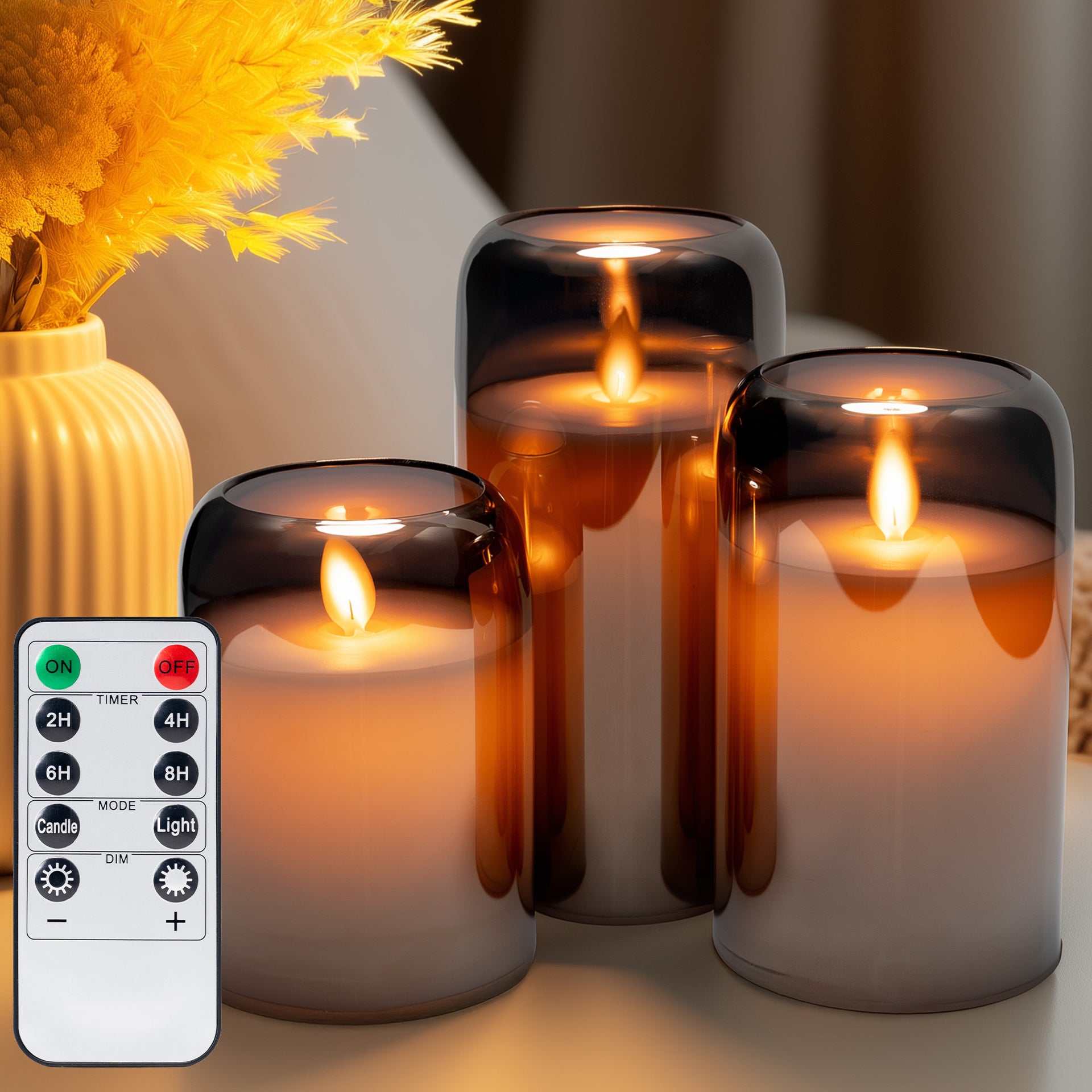 LED Mirrored Glass Round Hurricane Pillar Flameless Candles, Real Wax Moving Wick Dancing Flickering Flame, Battery Operated (Included), Remote & Timer - West Ivory LED Lighting