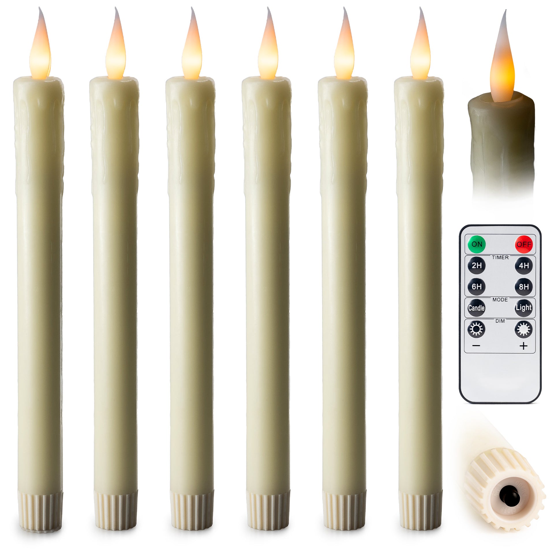 6 Pack, 10" LED Flameless Ivory Real Wax Drip Pillar Candles w/Remote Controller, On/Off Button, Dimmable, Flicker/Static Mode, Battery Operated - West Ivory LED Lighting