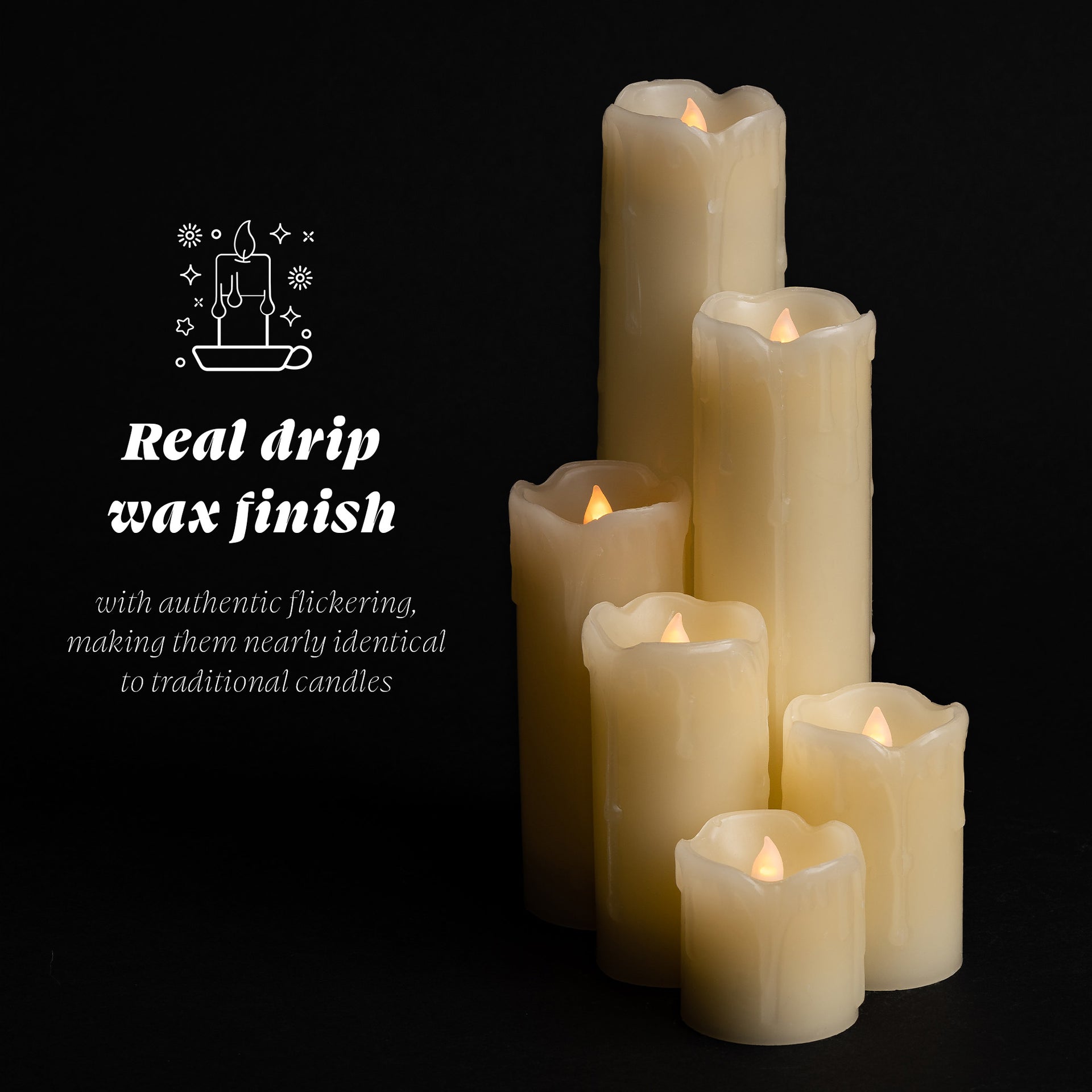 Set of 6 - LED Ivory Battery Operated Flameless Light Flickering Candle with Timer - West Ivory LED Lighting