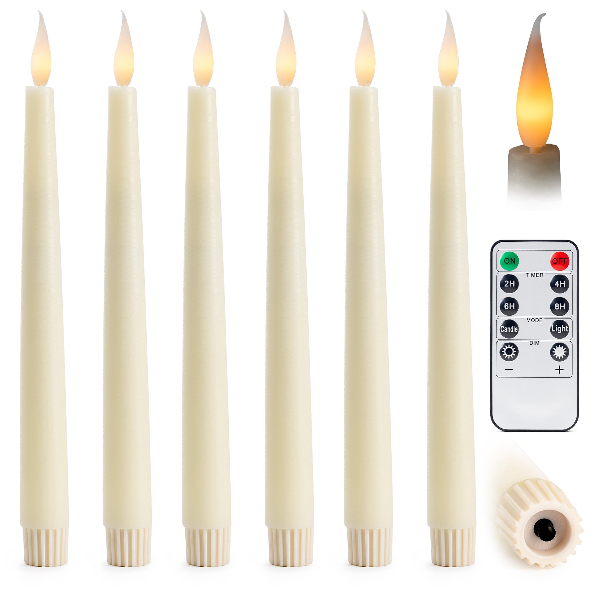 6 Pack 10" LED Flameless Ivory Real Wax Taper Candles w/Remote Controller, On/Off Button, Dimmable, Flicker/Static Mode, Battery Operated - West Ivory LED Lighting