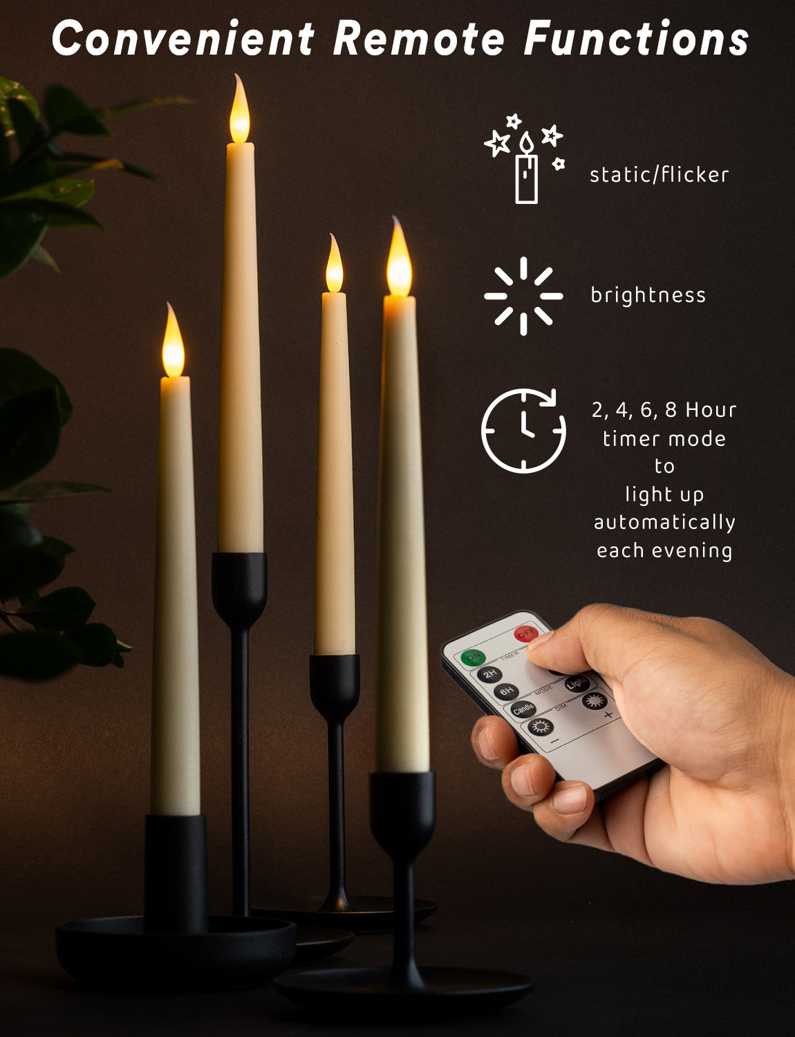6 Pack 10" LED Flameless Ivory Real Wax Taper Candles w/Remote Controller, On/Off Button, Dimmable, Flicker/Static Mode, Battery Operated - West Ivory LED Lighting