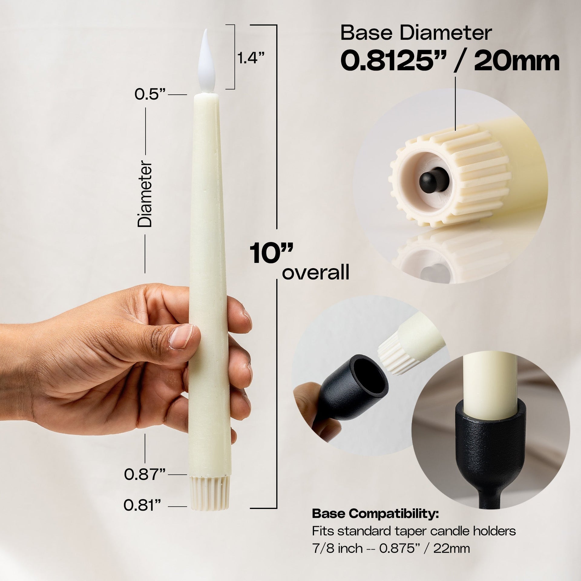 6 Pack 10" LED Flameless Ivory Real Wax Taper Candles w/Remote Controller, On/Off Button, Dimmable, Flicker/Static Mode, Battery Operated - West Ivory LED Lighting