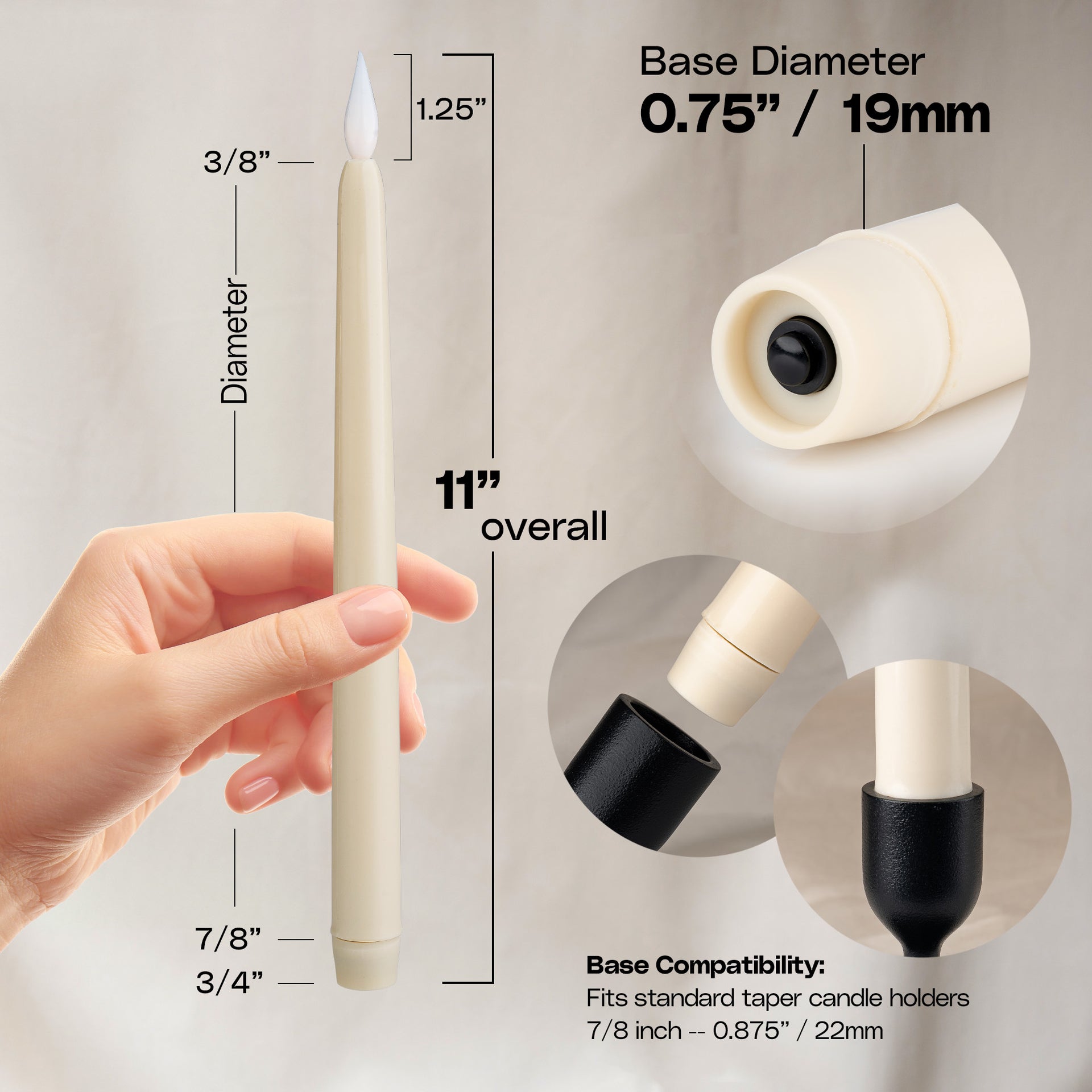 11" Ivory Taper Flameless LED Candle Lights, On/Off Button - West Ivory LED Lighting
