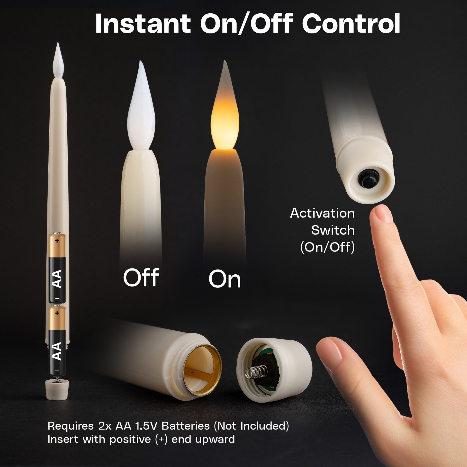 11" Ivory Taper Flameless LED Candle Lights, On/Off Button - West Ivory LED Lighting