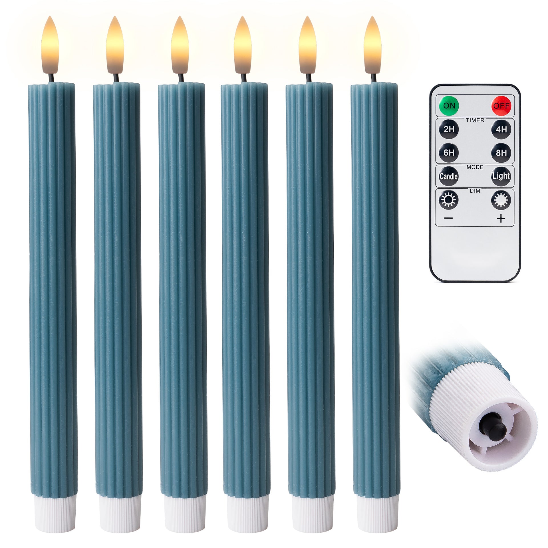 10" Fluted Ribbed LED Blue Grooved Pillar Candles, Remote & 24h Timer Memory, On/Off Switch - (6 Pack) - West Ivory LED Lighting