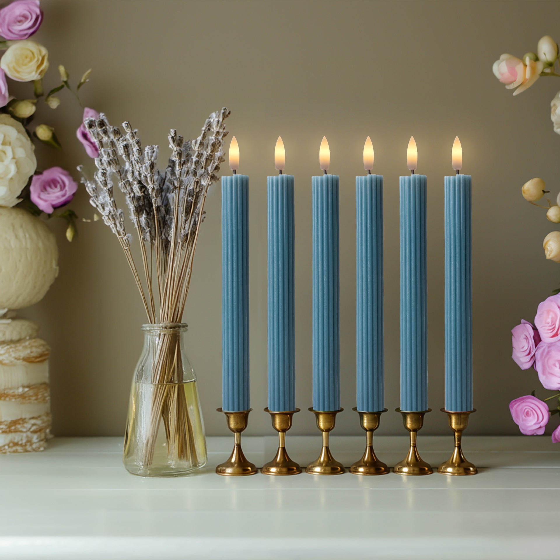 10" Fluted Ribbed LED Blue Grooved Pillar Candles, Remote & 24h Timer Memory, On/Off Switch - (6 Pack) - West Ivory LED Lighting