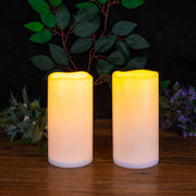 Solar Rechargeable Weatherproof Flickering Flameless LED Outdoor Pillar Resin Candles with Dusk to Dawn Timer, Light Sensor, Set of 2, D 4" x H 8", Warm White - West Ivory LED Lighting
