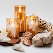 LED GOLD METALLIC MIRRORED TINTED GOLD GLASS FLICKERING DIMMABLE FLAMELESS CANDLES - SET OF 3 WITH REMOTE CONTROL - West Ivory LED Lighting