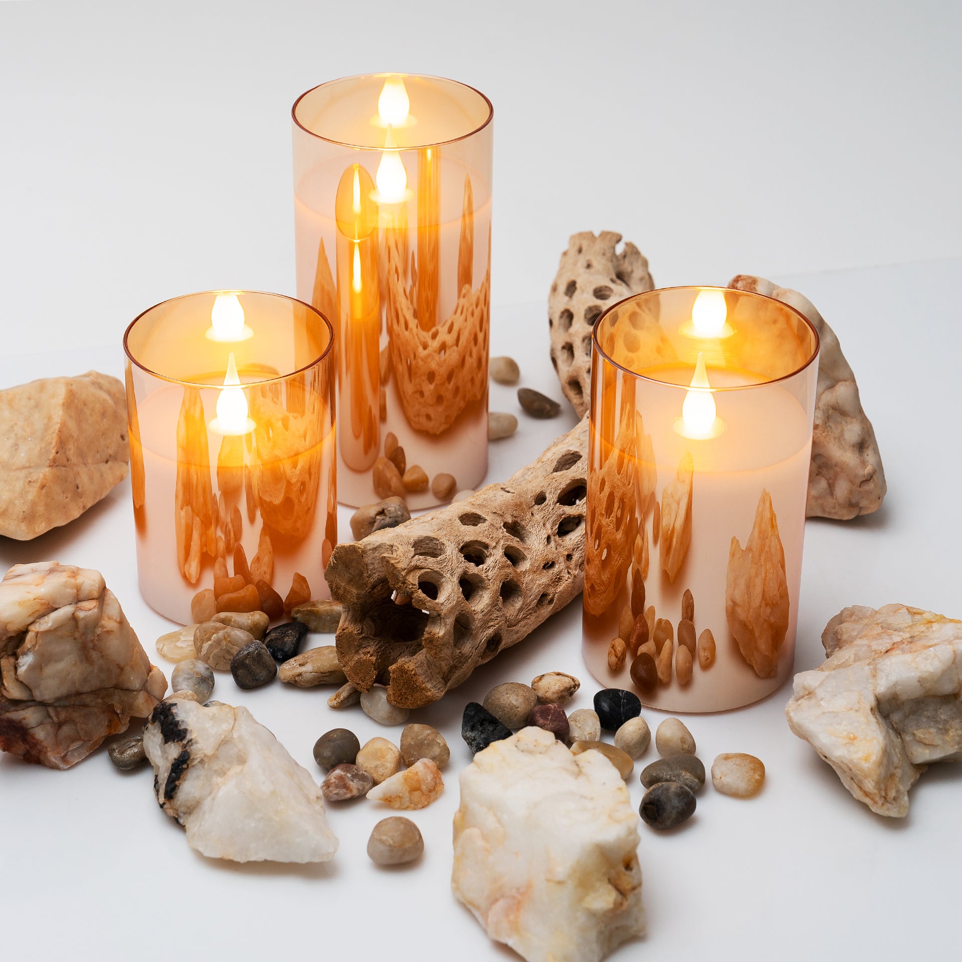 LED GOLD METALLIC MIRRORED TINTED GOLD GLASS FLICKERING DIMMABLE FLAMELESS CANDLES - SET OF 3 WITH REMOTE CONTROL - West Ivory LED Lighting