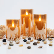 LED GOLD METALLIC MIRRORED TINTED GOLD GLASS FLICKERING DIMMABLE FLAMELESS CANDLES - SET OF 3 WITH REMOTE CONTROL - West Ivory LED Lighting