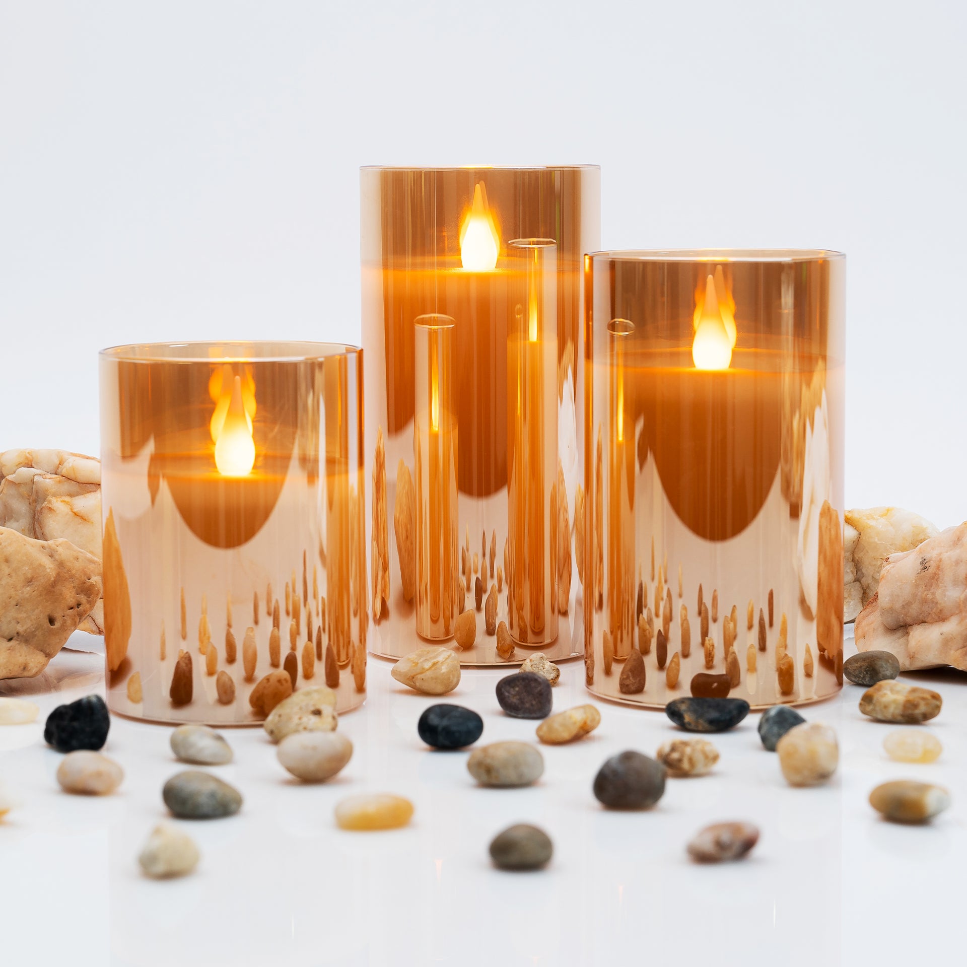 LED GOLD METALLIC MIRRORED TINTED GOLD GLASS FLICKERING DIMMABLE FLAMELESS CANDLES - SET OF 3 WITH REMOTE CONTROL - West Ivory LED Lighting