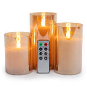 LED GOLD METALLIC MIRRORED TINTED GOLD GLASS FLICKERING DIMMABLE FLAMELESS CANDLES - SET OF 3 WITH REMOTE CONTROL - West Ivory LED Lighting