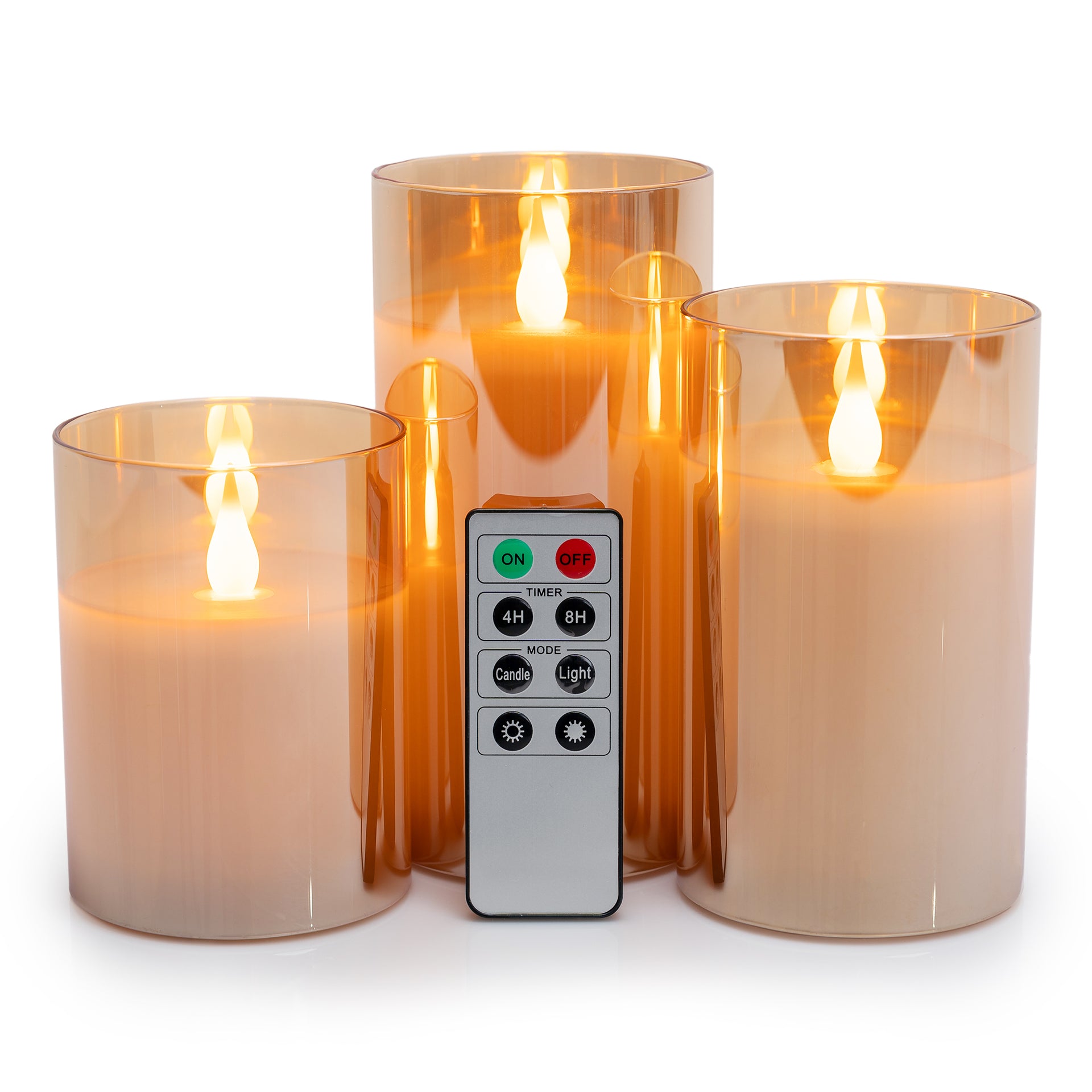 LED GOLD METALLIC MIRRORED TINTED GOLD GLASS FLICKERING DIMMABLE FLAMELESS CANDLES - SET OF 3 WITH REMOTE CONTROL - West Ivory LED Lighting