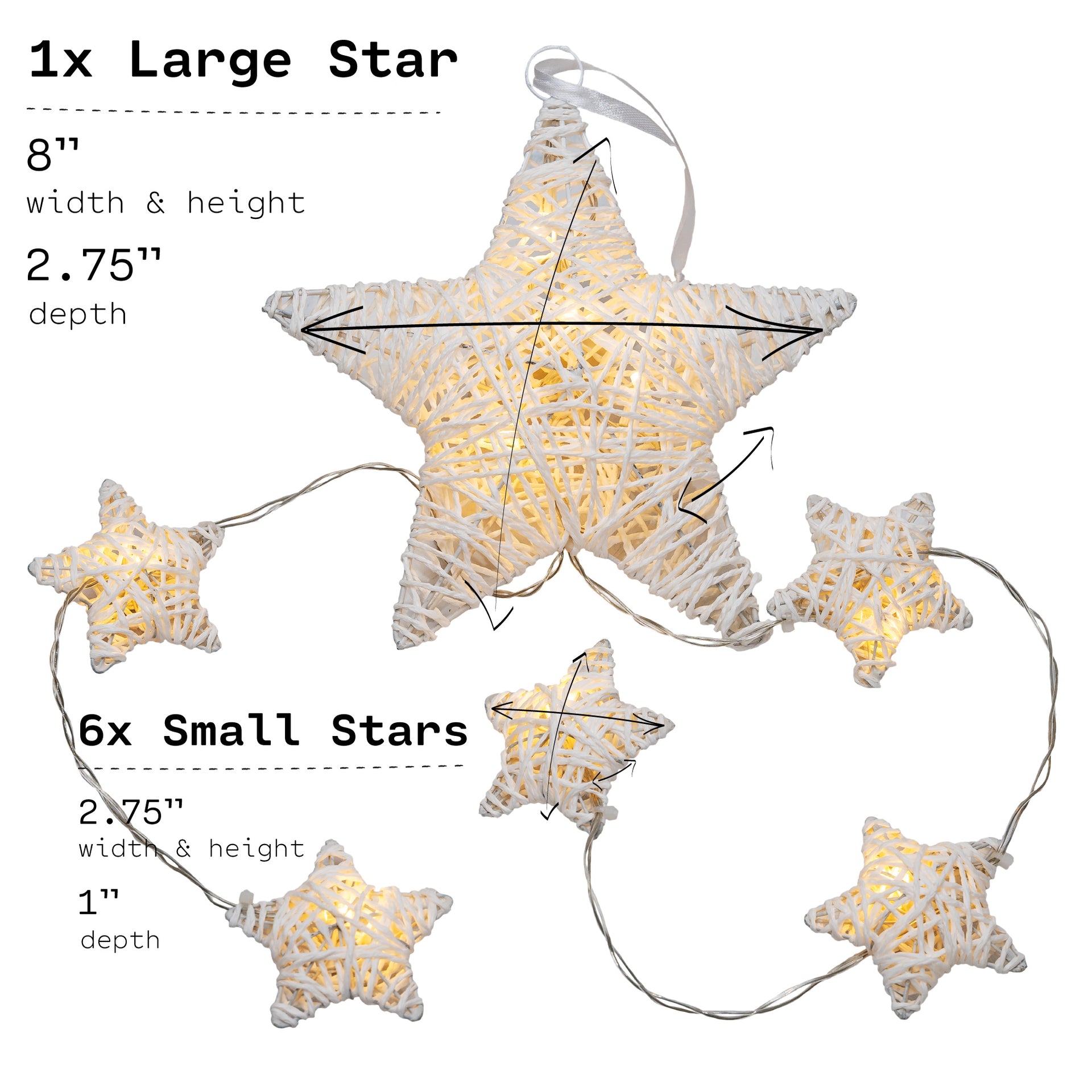 10 LED Hanging Fairy Light 5 Small 1 Large White String Paper Stars w/Metal Frame Battery Powered Warm White - West Ivory LED Lighting