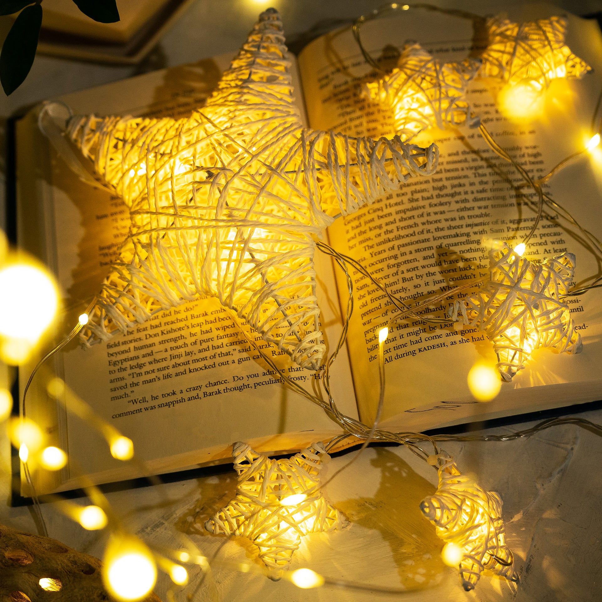 10 LED Hanging Fairy Light 5 Small 1 Large White String Paper Stars w/Metal Frame Battery Powered Warm White - West Ivory LED Lighting