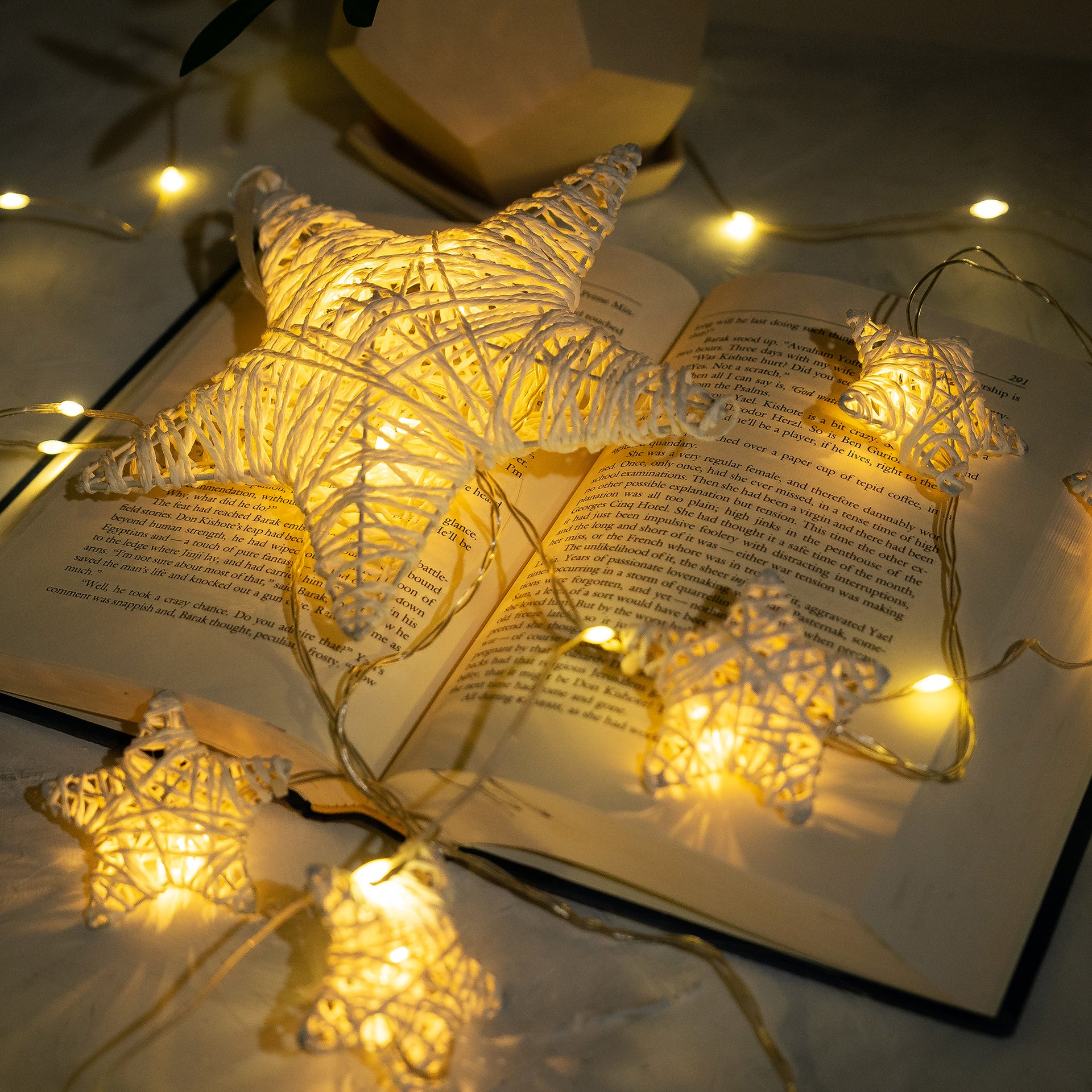 10 LED Hanging Fairy Light 5 Small 1 Large White String Paper Stars w/Metal Frame Battery Powered Warm White - West Ivory LED Lighting