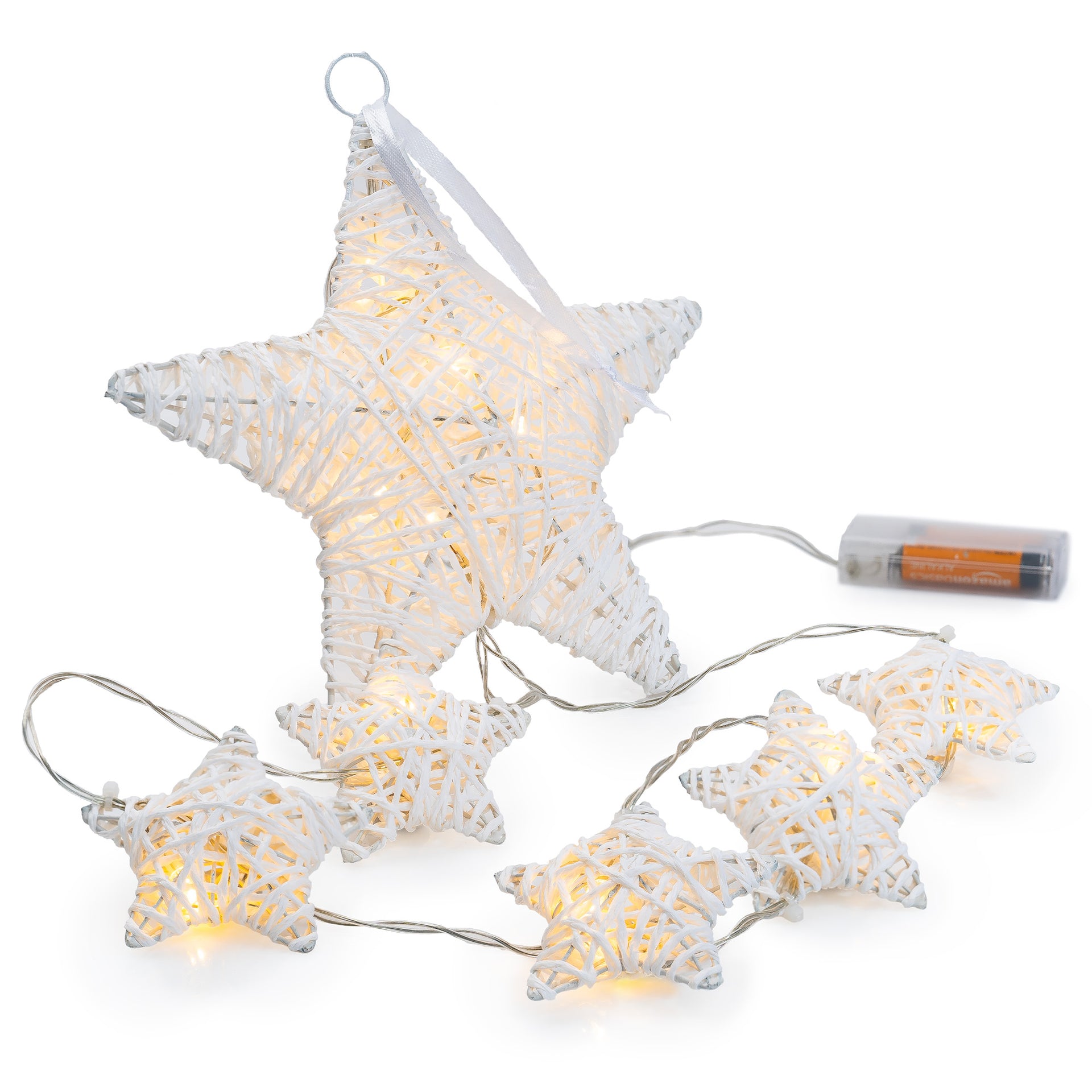 10 LED Hanging Fairy Light 5 Small 1 Large White String Paper Stars w/Metal Frame Battery Powered Warm White - West Ivory LED Lighting