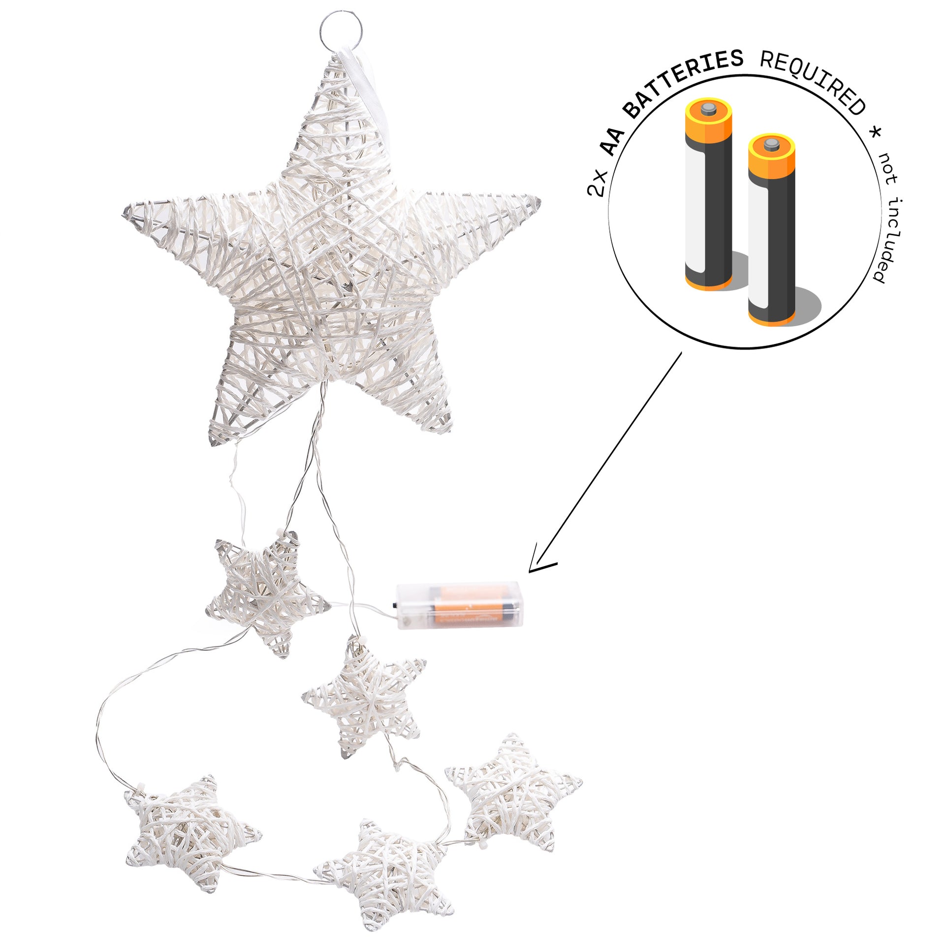 10 LED Hanging Fairy Light 5 Small 1 Large White String Paper Stars w/Metal Frame Battery Powered Warm White - West Ivory LED Lighting