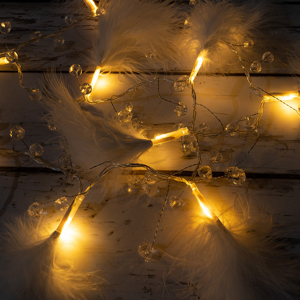 10 LED Feather and Beads String Fairy Light 4.2 feet Battery Powered, Warm White - West Ivory LED Lighting