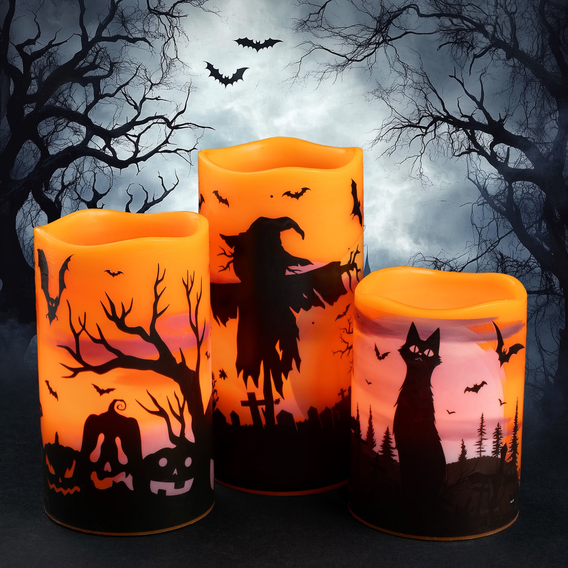 Halloween LED Candles Set of 3 - Flickering Flameless Pillar Candles with Timer - Spooky Silhouette Designs - Battery Operated - 4", 5", 6" Heights for Halloween Decorations - West Ivory LED Lighting 