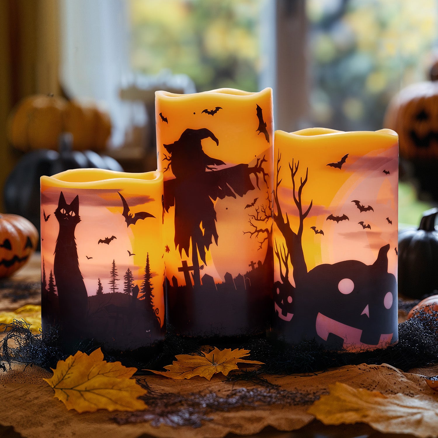 Halloween LED Candles Set of 3 - Flickering Flameless Pillar Candles with Timer - Spooky Silhouette Designs - Battery Operated - 4", 5", 6" Heights for Halloween Decorations - West Ivory LED Lighting 