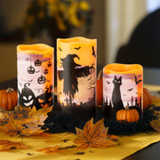 Halloween LED Candles Set of 3 - Flickering Flameless Pillar Candles with Timer - Spooky Silhouette Designs - Battery Operated - 4", 5", 6" Heights for Halloween Decorations - West Ivory LED Lighting 