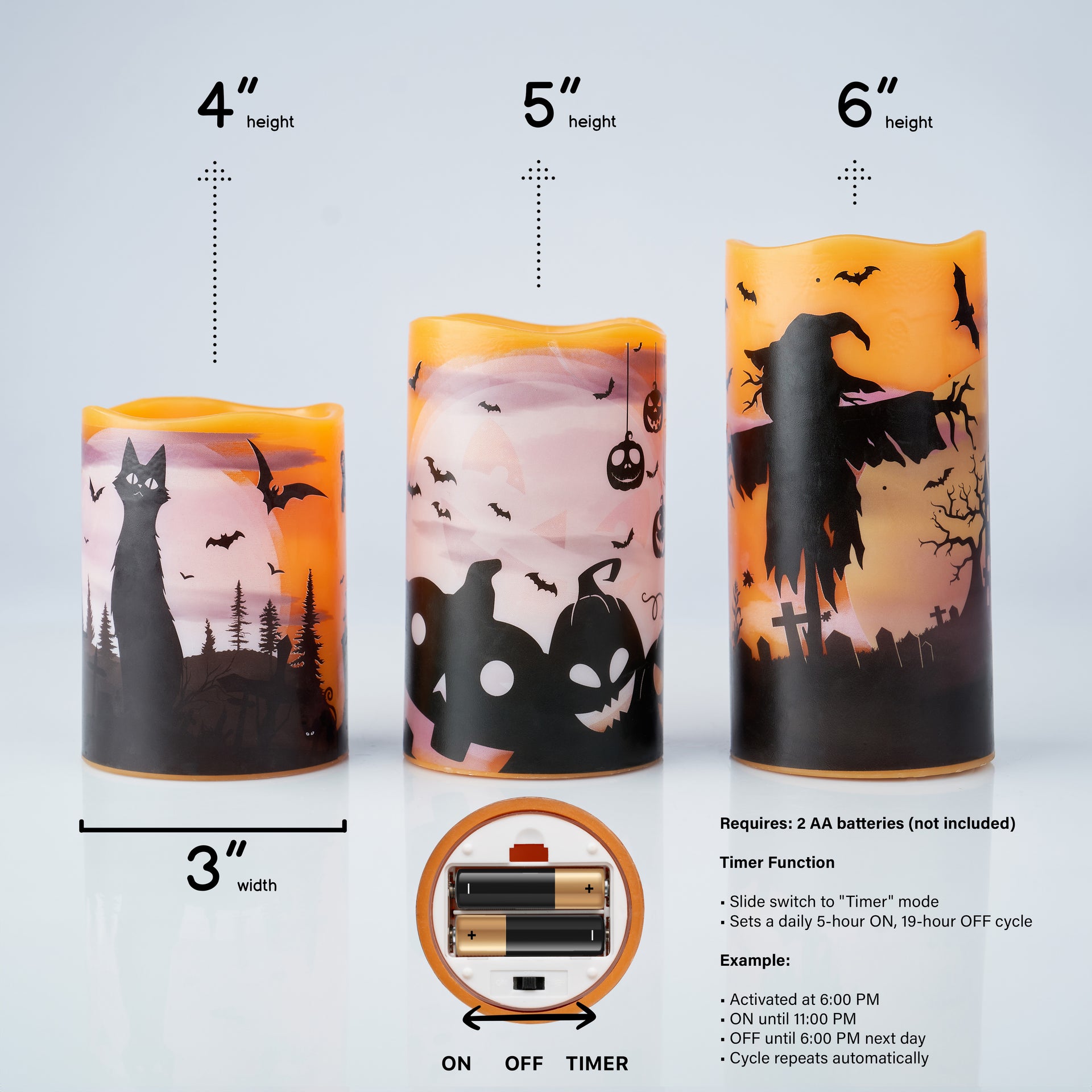 Halloween LED Candles Set of 3 - Flickering Flameless Pillar Candles with Timer - Spooky Silhouette Designs - Battery Operated - 4", 5", 6" Heights for Halloween Decorations - West Ivory LED Lighting 