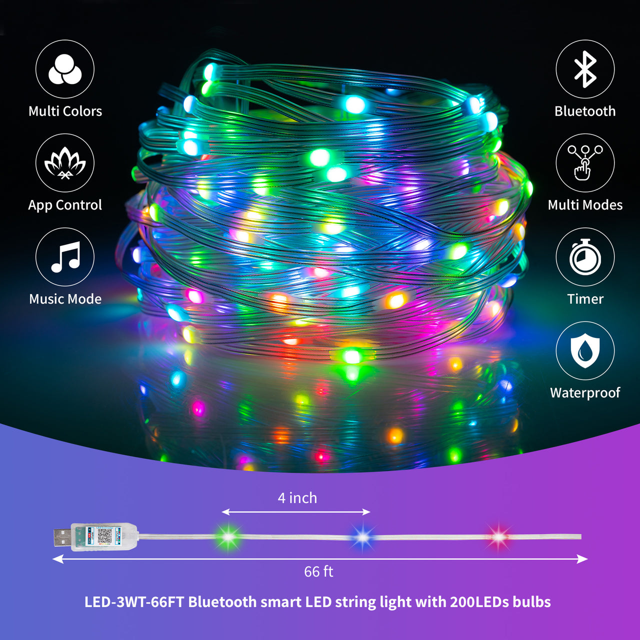 Multi-Color 66 feet 200 LEDs String Fairy Light Bluetooth, USB with APP Control, IP65 Waterproof Color Changing Lights for Indoor/Outdoor