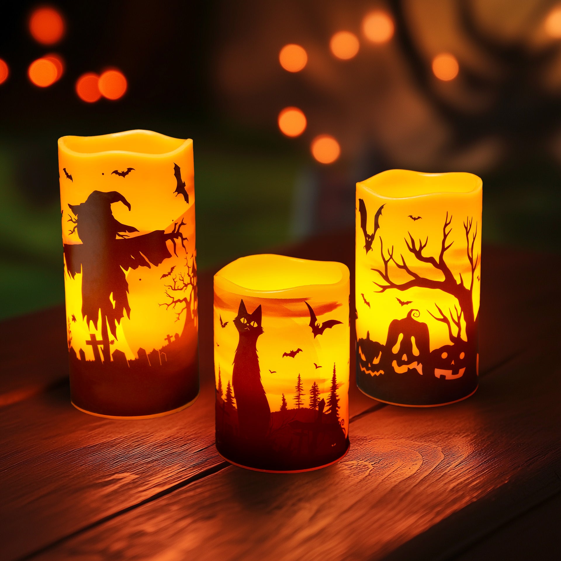 Halloween LED Candles Set of 3 - Flickering Flameless Pillar Candles with Timer - Spooky Silhouette Designs - Battery Operated - 4", 5", 6" Heights for Halloween Decorations - West Ivory LED Lighting 