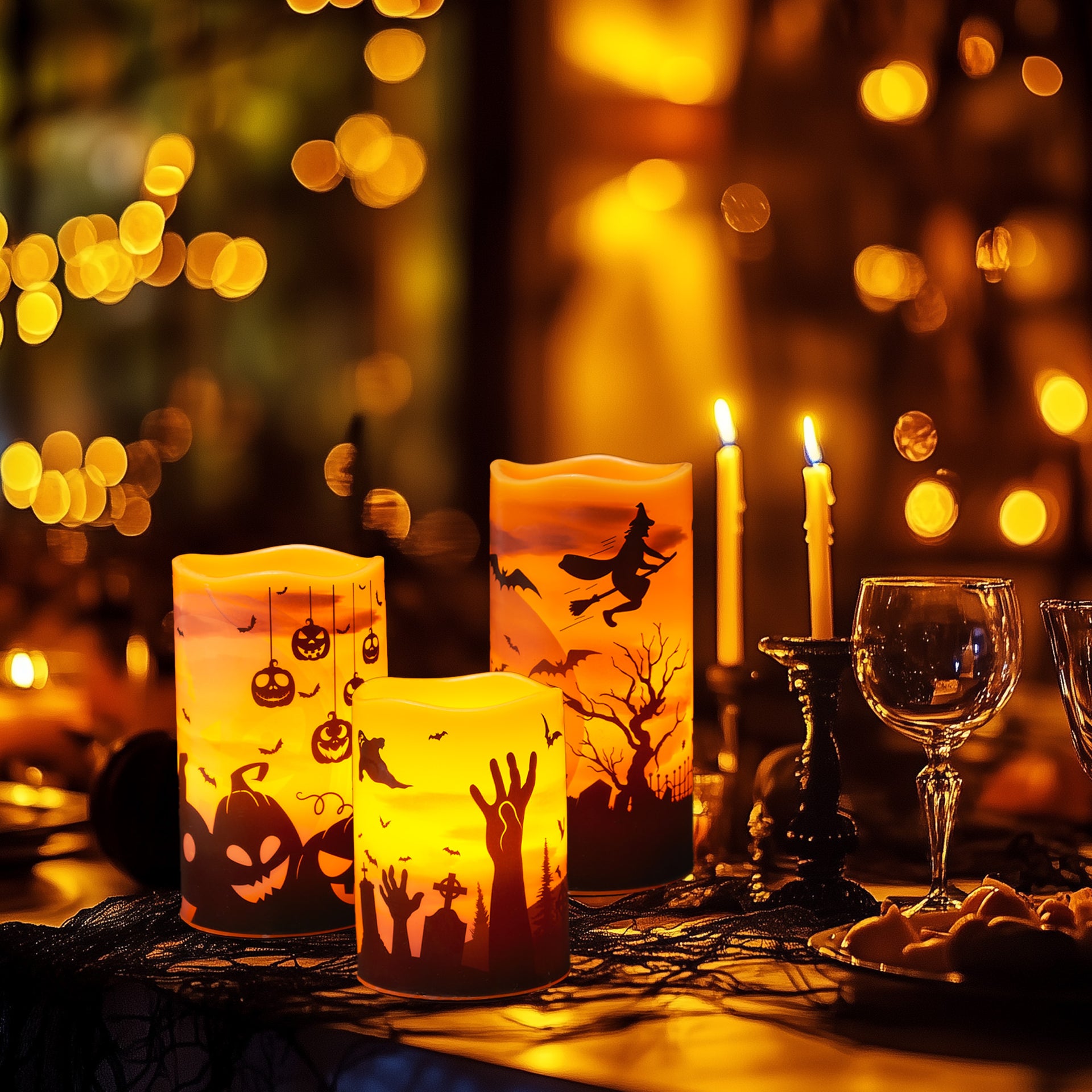 Halloween LED Candles Set of 3 - Flickering Flameless Pillar Candles with Timer - Spooky Silhouette Designs - Battery Operated - 4", 5", 6" Heights for Halloween Decorations - West Ivory LED Lighting 