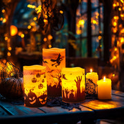 Halloween LED Candles Set of 3 - Flickering Flameless Pillar Candles with Timer - Spooky Silhouette Designs - Battery Operated - 4", 5", 6" Heights for Halloween Decorations - West Ivory LED Lighting 