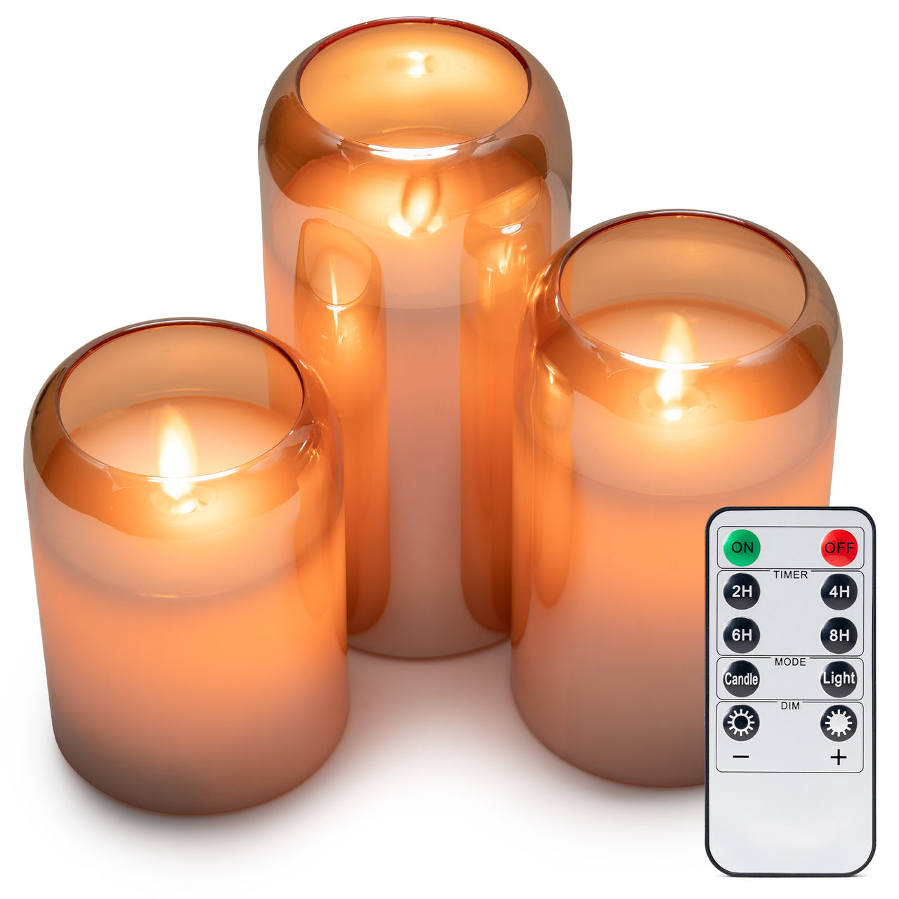 LED Mirrored Glass Round Hurricane Pillar Flameless Candles, Real Wax Moving Wick Dancing Flickering Flame, Battery Operated (Included), Remote & Timer