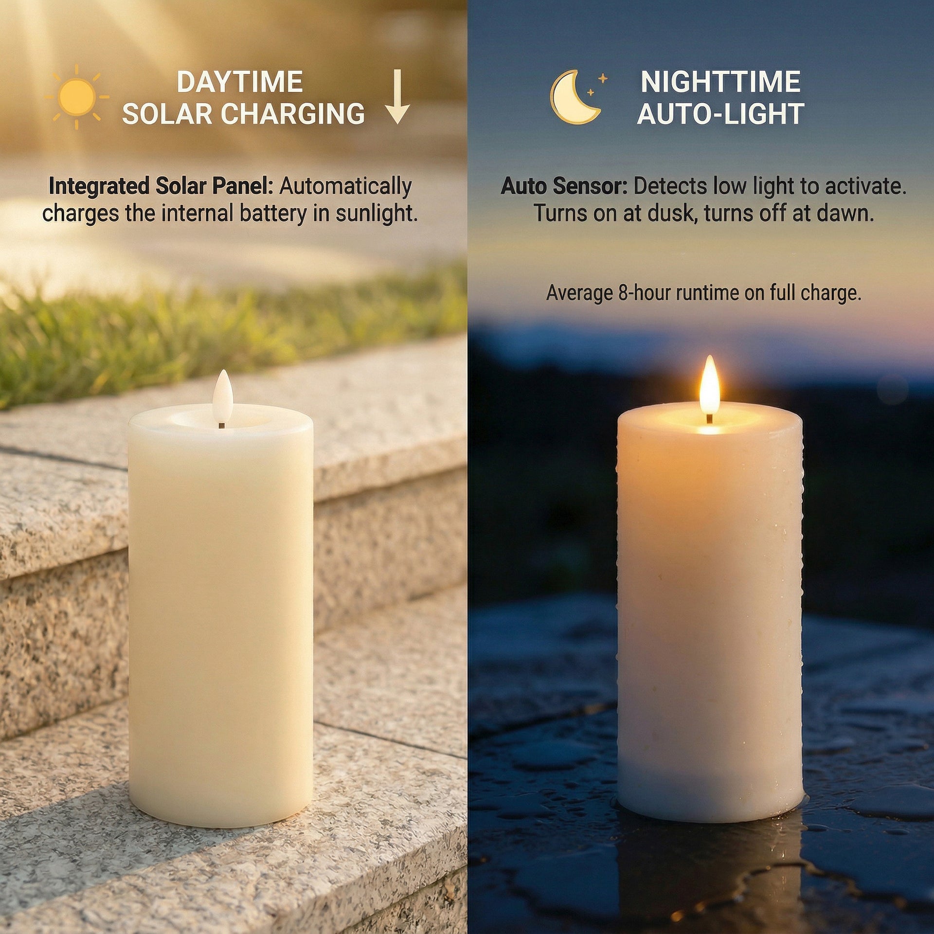 Solar LED Flameless Pillar Candle Set of 3 –  Outdoor Weather-Resistant Lights, Auto Dusk-to-Dawn (4", 5", 6") - West Ivory LED Lighting 