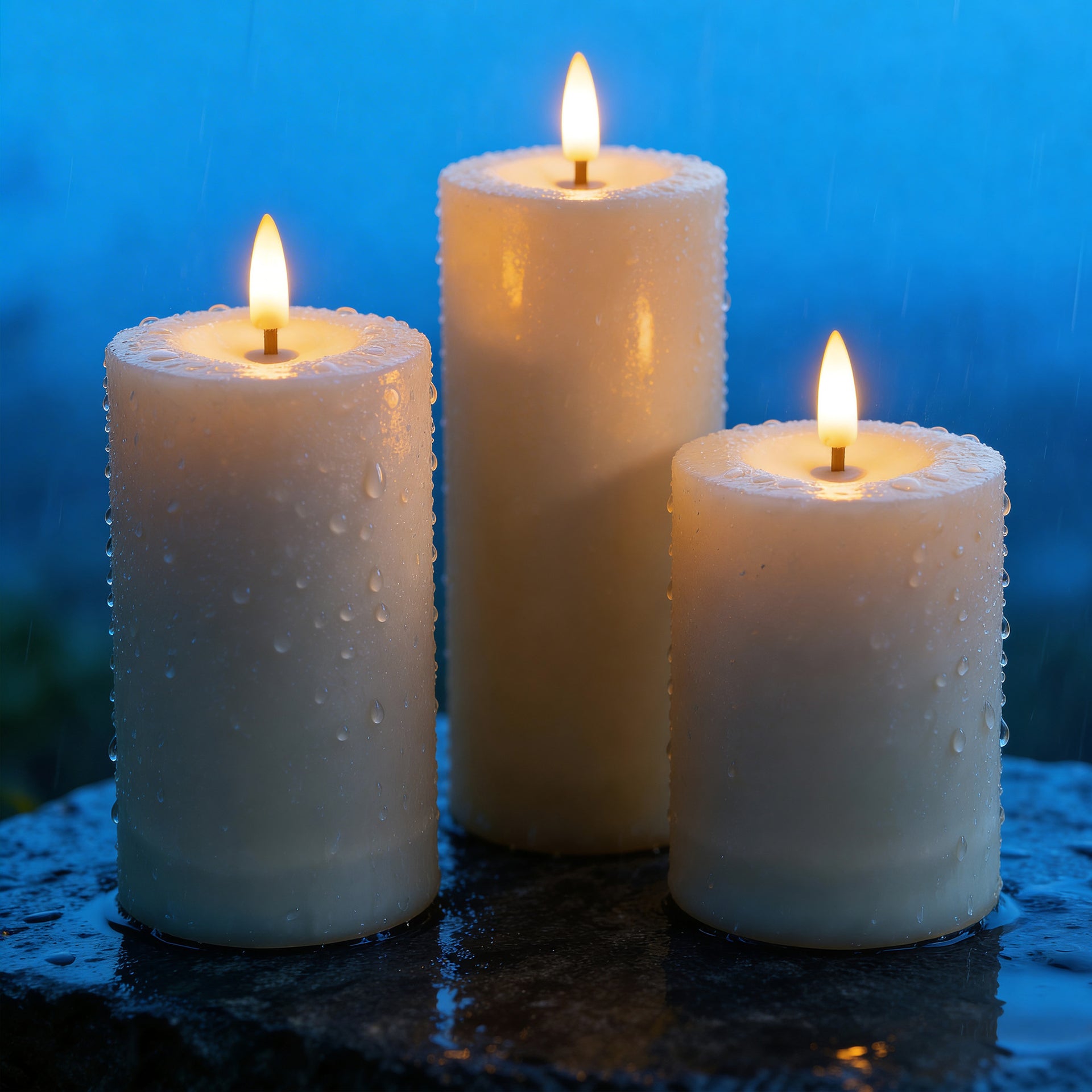 Solar LED Flameless Pillar Candle Set of 3 –  Outdoor Weather-Resistant Lights, Auto Dusk-to-Dawn (4", 5", 6") - West Ivory LED Lighting 