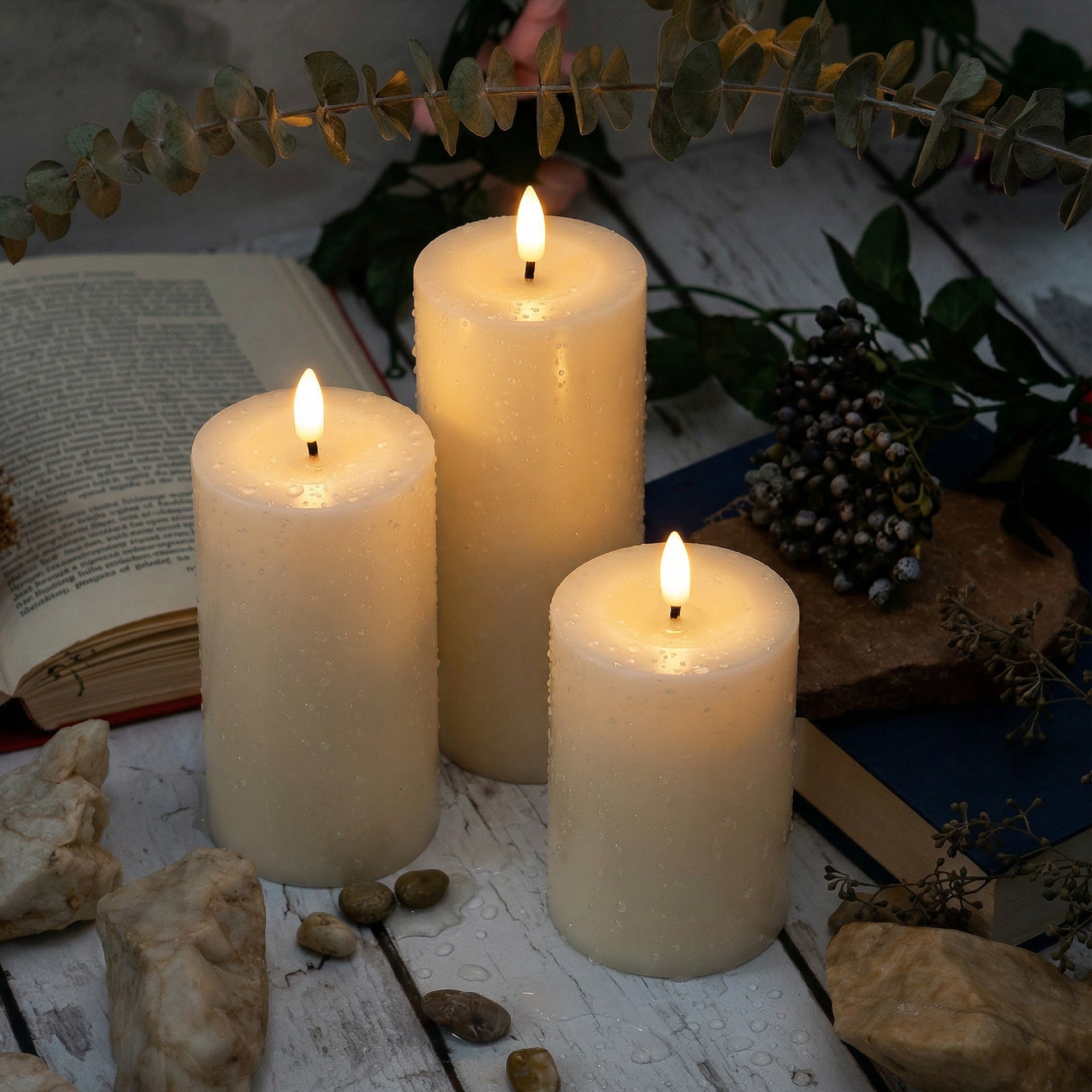 Solar LED Flameless Pillar Candle Set of 3 –  Outdoor Weather-Resistant Lights, Auto Dusk-to-Dawn (4", 5", 6") - West Ivory LED Lighting 