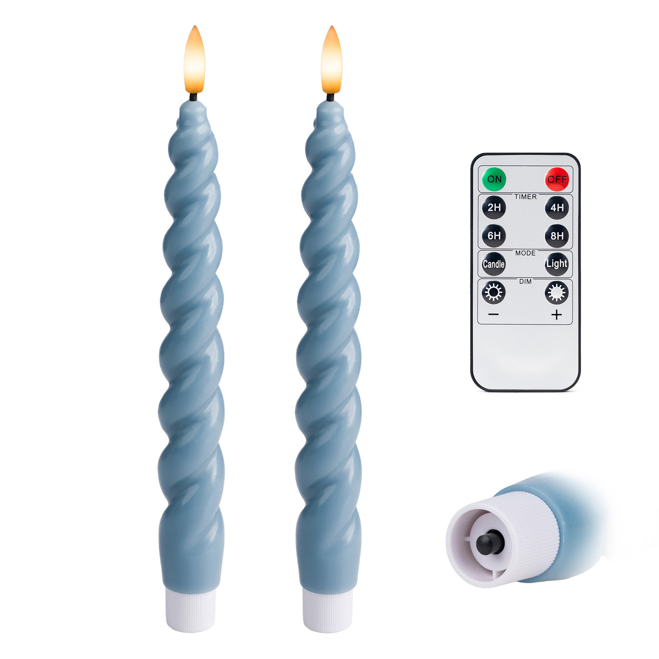 10" Flameless LED Taper Candles – Full Twisted Spiral – Remote, 2/4/6/8-Hr Timer (24-hr Memory), Bottom On/Off Button, Dimmable, Battery Operated, Flicker/Steady - West Ivory LED Lighting 