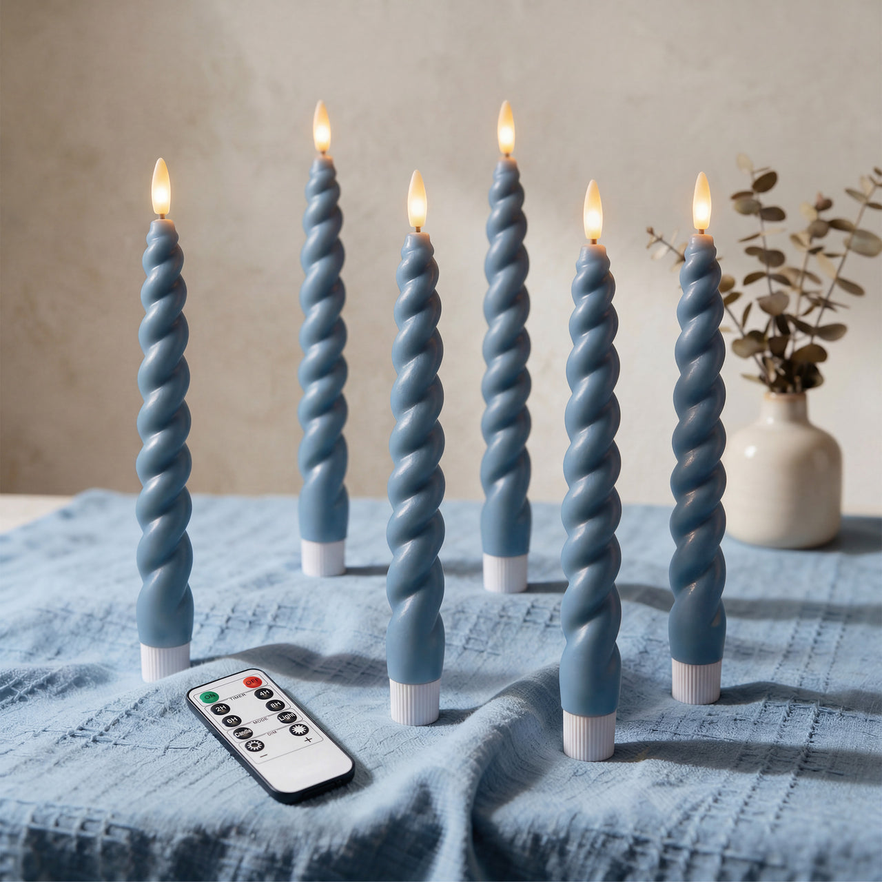 10" Flameless LED Taper Candles – Full Twisted Spiral – Remote, 2/4/6/8-Hr Timer (24-hr Memory), Bottom On/Off Button, Dimmable, Battery Operated, Flicker/Steady - West Ivory LED Lighting 