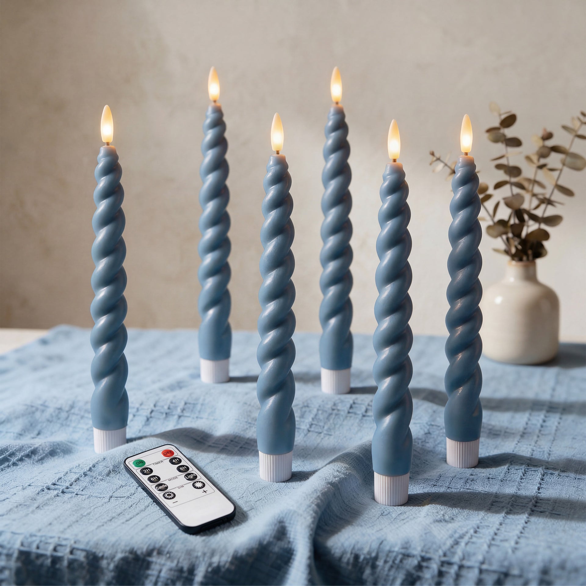 10" Flameless LED Taper Candles – Full Twisted Spiral – Remote, 2/4/6/8-Hr Timer (24-hr Memory), Bottom On/Off Button, Dimmable, Battery Operated, Flicker/Steady - West Ivory LED Lighting 