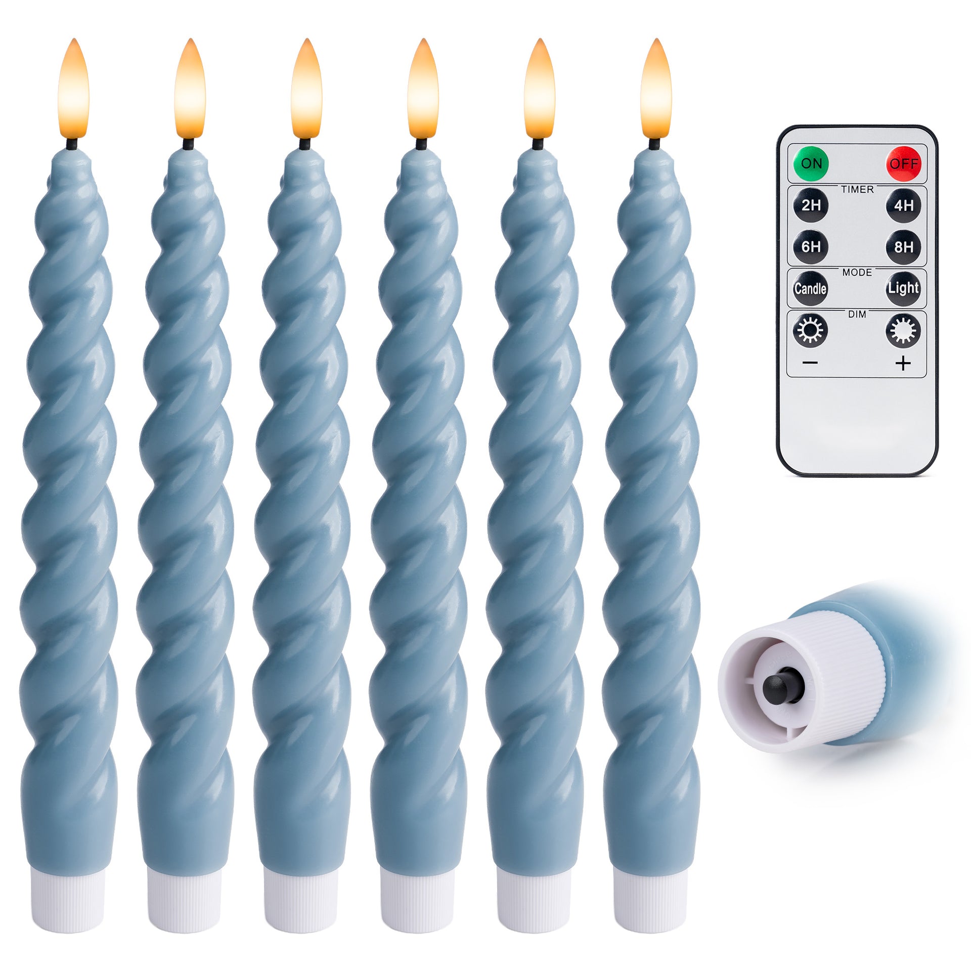 10" Flameless LED Taper Candles – Full Twisted Spiral – Remote, 2/4/6/8-Hr Timer (24-hr Memory), Bottom On/Off Button, Dimmable, Battery Operated, Flicker/Steady - West Ivory LED Lighting 
