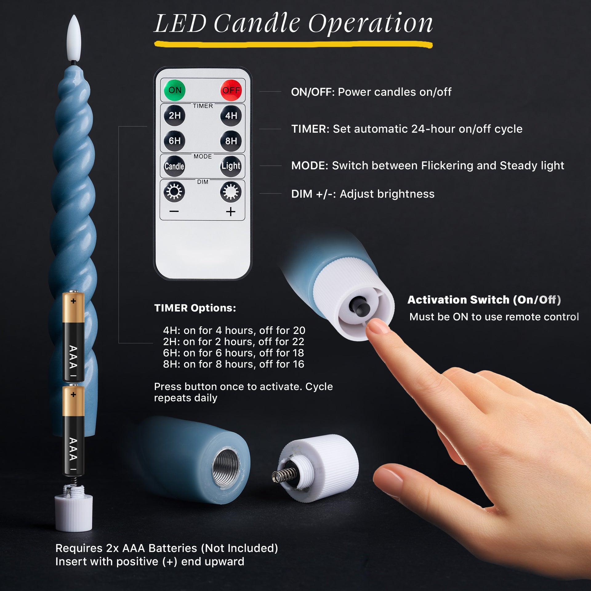 10" Flameless LED Taper Candles – Full Twisted Spiral – Remote, 2/4/6/8-Hr Timer (24-hr Memory), Bottom On/Off Button, Dimmable, Battery Operated, Flicker/Steady - West Ivory LED Lighting 