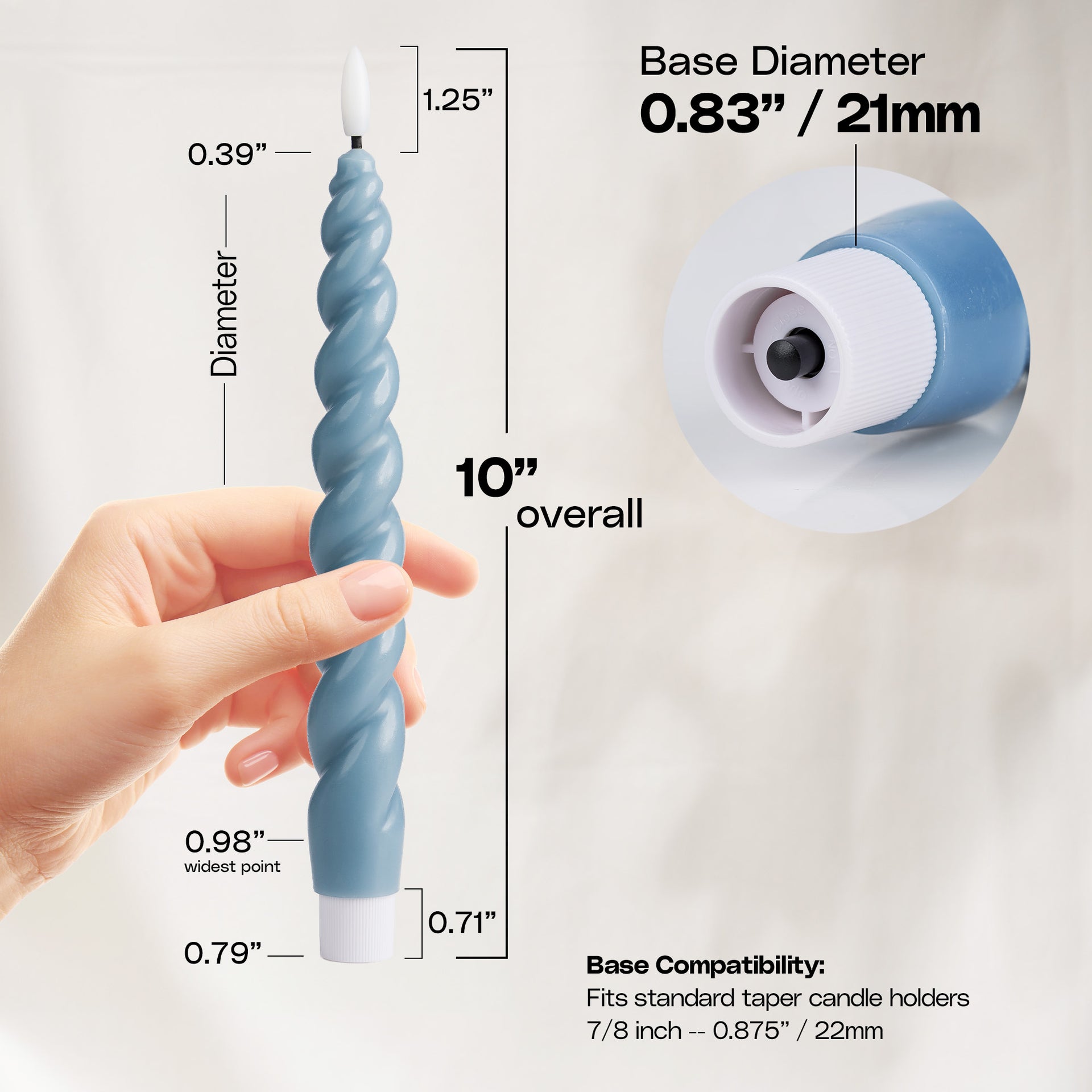 10" Flameless LED Taper Candles – Full Twisted Spiral – Remote, 2/4/6/8-Hr Timer (24-hr Memory), Bottom On/Off Button, Dimmable, Battery Operated, Flicker/Steady - West Ivory LED Lighting 
