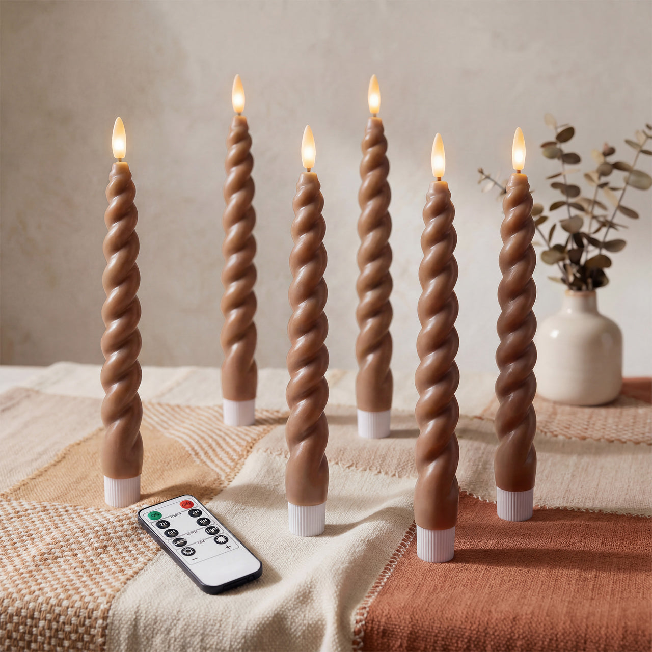 10" Flameless LED Taper Candles – Full Twisted Spiral – Remote, 2/4/6/8-Hr Timer (24-hr Memory), Bottom On/Off Button, Dimmable, Battery Operated, Flicker/Steady - West Ivory LED Lighting 