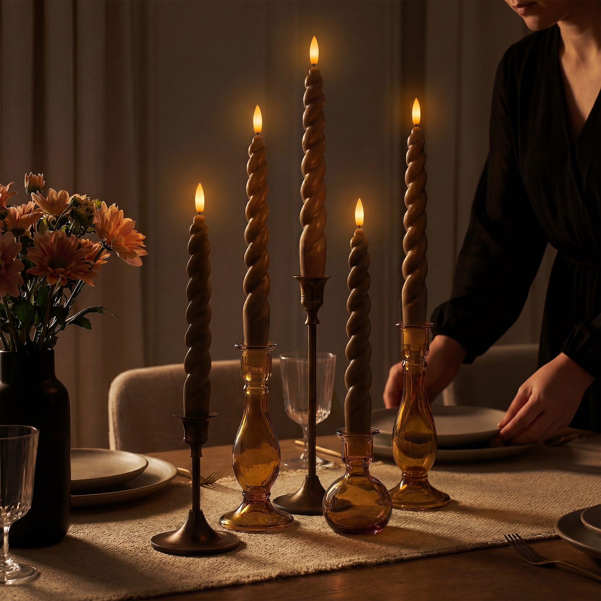 10" Flameless LED Taper Candles – Full Twisted Spiral – Remote, 2/4/6/8-Hr Timer (24-hr Memory), Bottom On/Off Button, Dimmable, Battery Operated, Flicker/Steady - West Ivory LED Lighting 