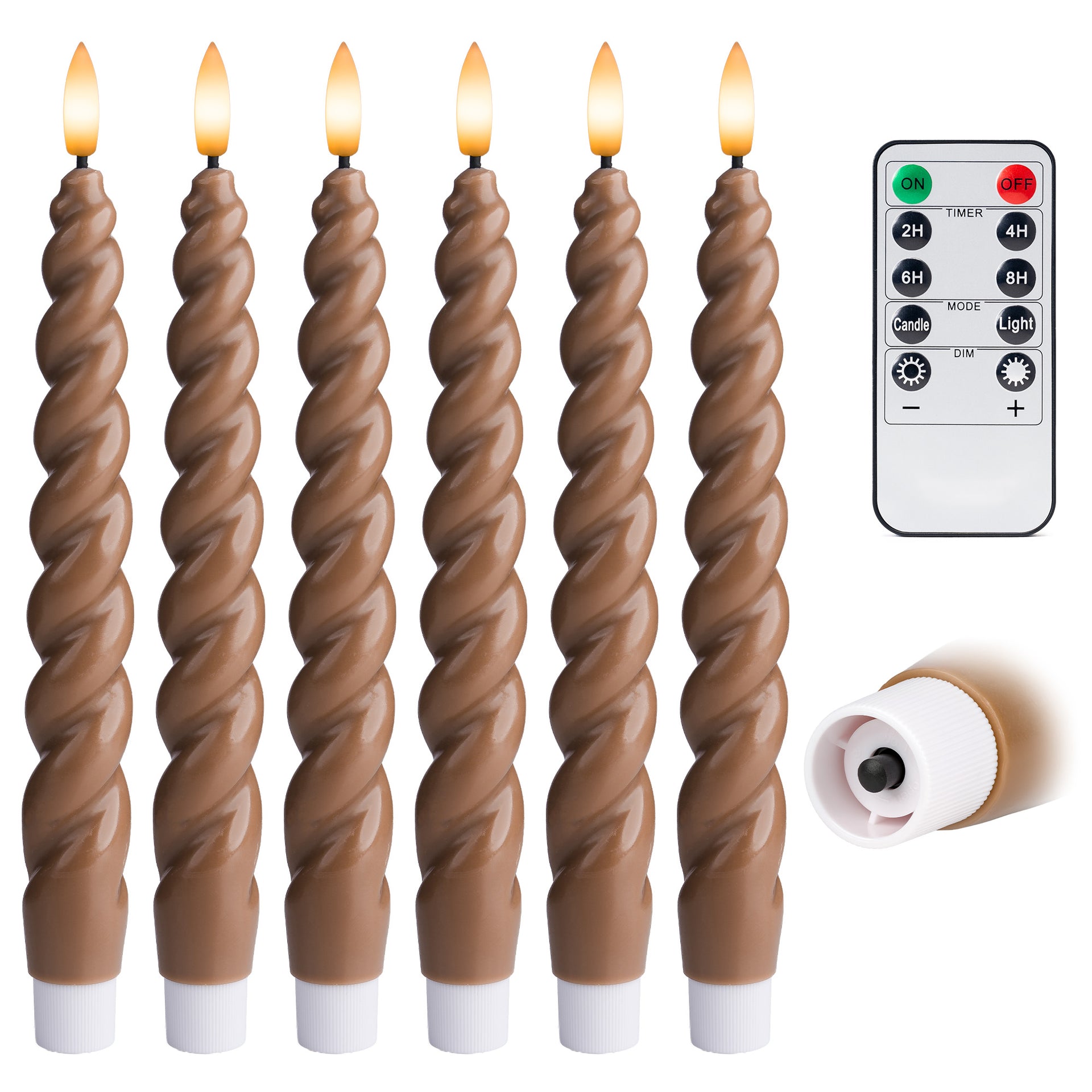 10" Flameless LED Taper Candles – Full Twisted Spiral – Remote, 2/4/6/8-Hr Timer (24-hr Memory), Bottom On/Off Button, Dimmable, Battery Operated, Flicker/Steady - West Ivory LED Lighting 
