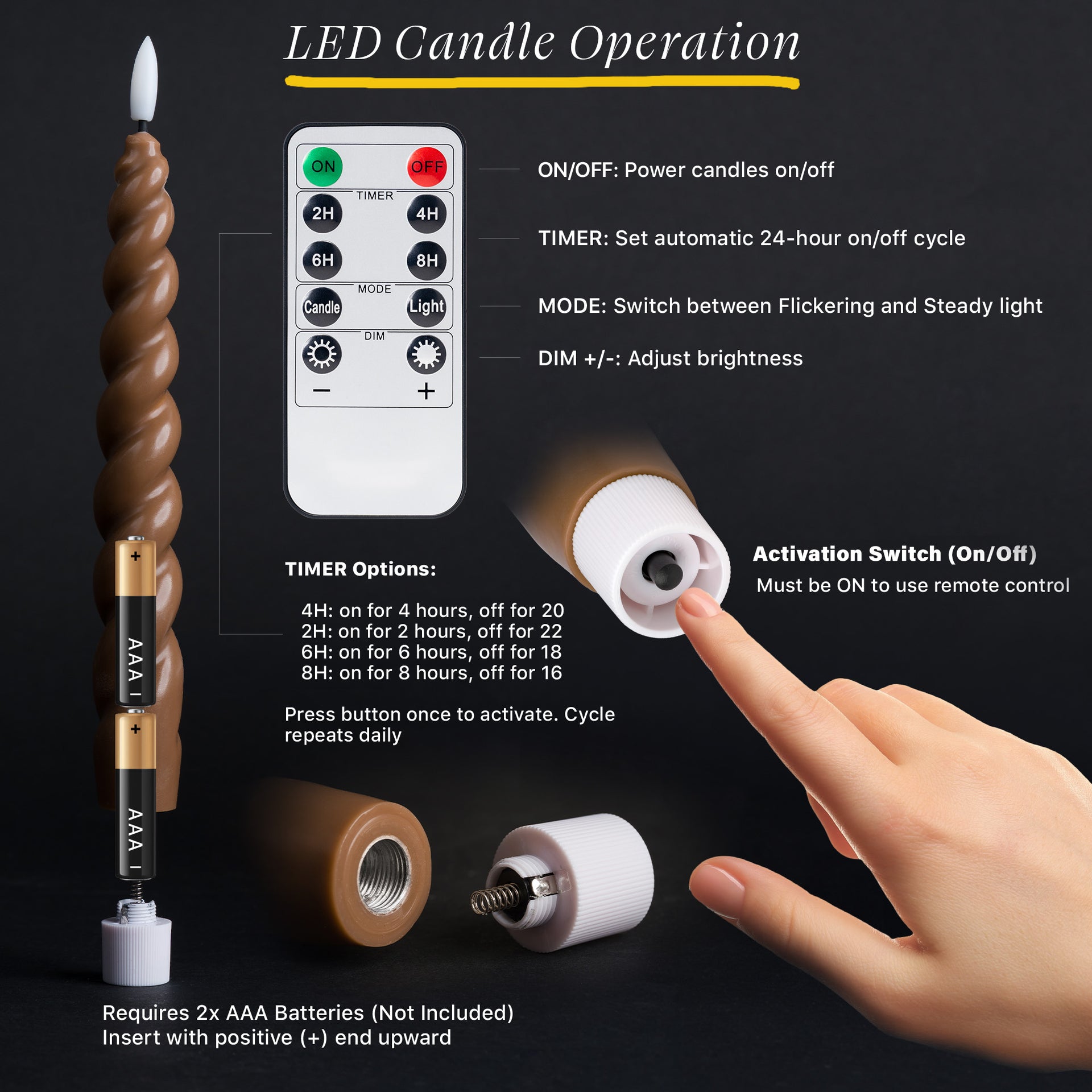 10" Flameless LED Taper Candles – Full Twisted Spiral – Remote, 2/4/6/8-Hr Timer (24-hr Memory), Bottom On/Off Button, Dimmable, Battery Operated, Flicker/Steady - West Ivory LED Lighting 