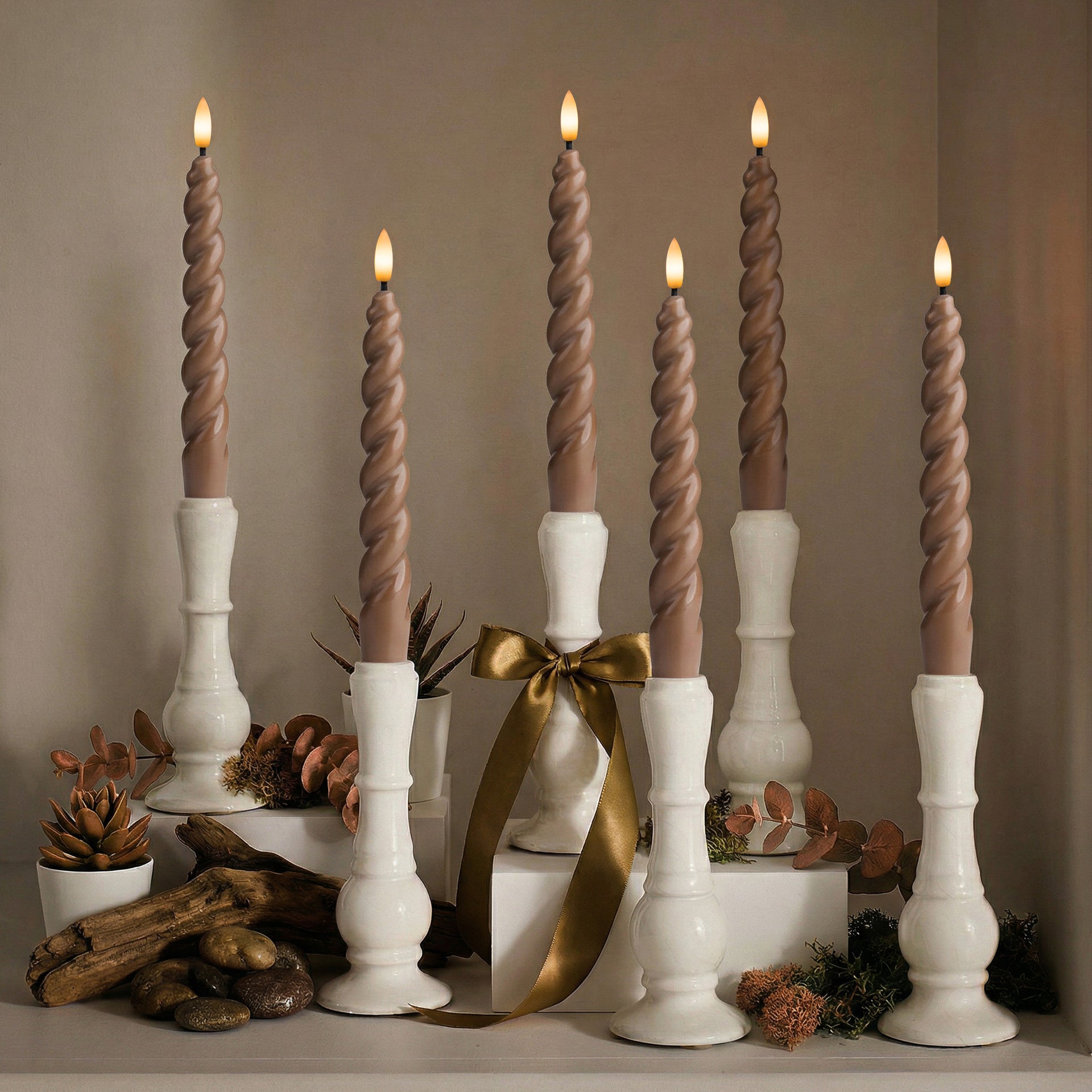10" Flameless LED Taper Candles – Full Twisted Spiral – Remote, 2/4/6/8-Hr Timer (24-hr Memory), Bottom On/Off Button, Dimmable, Battery Operated, Flicker/Steady - West Ivory LED Lighting 