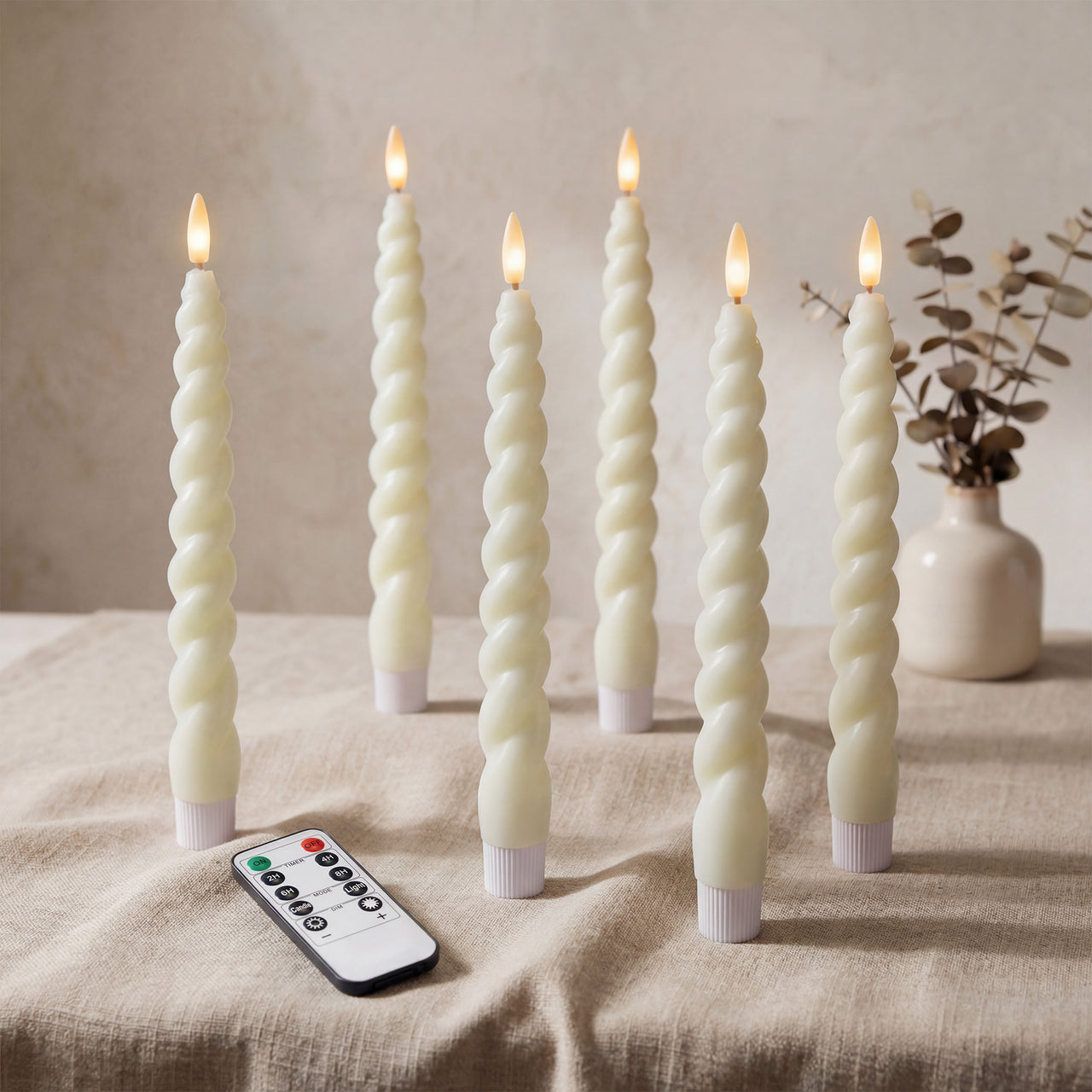 10" Flameless LED Taper Candles – Full Twisted Spiral – Remote, 2/4/6/8-Hr Timer (24-hr Memory), Bottom On/Off Button, Dimmable, Battery Operated, Flicker/Steady - West Ivory LED Lighting 