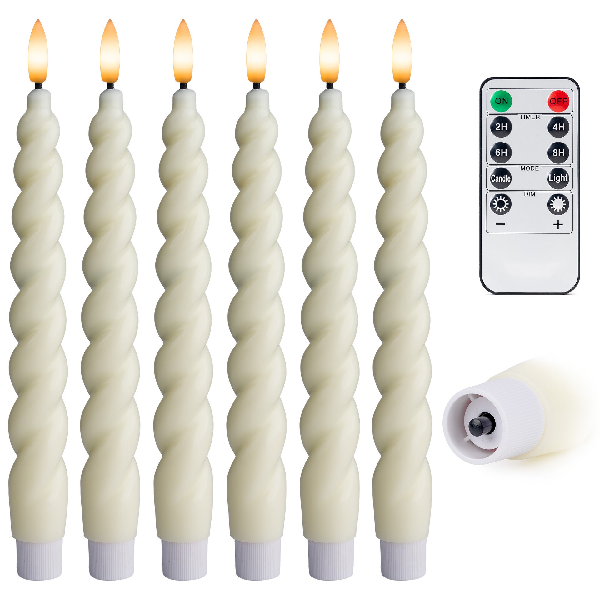 10" Flameless LED Taper Candles – Full Twisted Spiral – Remote, 2/4/6/8-Hr Timer (24-hr Memory), Bottom On/Off Button, Dimmable, Battery Operated, Flicker/Steady - West Ivory LED Lighting 