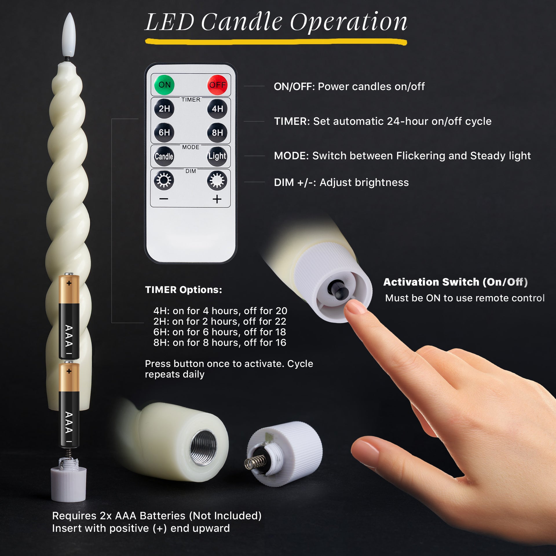 10" Flameless LED Taper Candles – Full Twisted Spiral – Remote, 2/4/6/8-Hr Timer (24-hr Memory), Bottom On/Off Button, Dimmable, Battery Operated, Flicker/Steady - West Ivory LED Lighting 