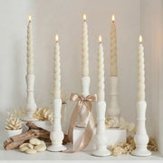 10" Flameless LED Taper Candles – Full Twisted Spiral – Remote, 2/4/6/8-Hr Timer (24-hr Memory), Bottom On/Off Button, Dimmable, Battery Operated, Flicker/Steady - West Ivory LED Lighting 